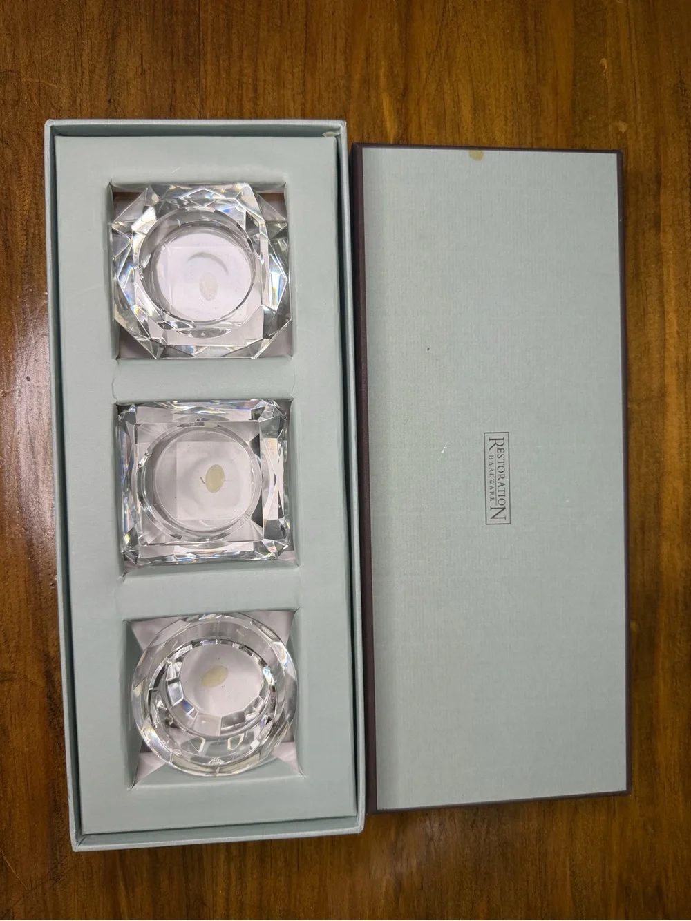 Restoration Hardware Crystal Square Teal Box with Clear Glass Candle Holders